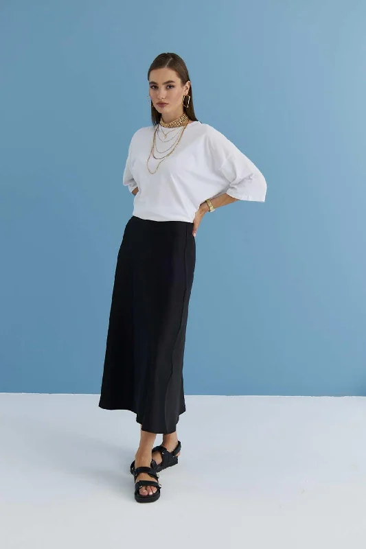 Elastic Waist Satin Black Skirt satin skirt smooth