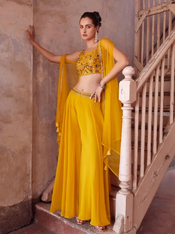 Yellow Georgette Embellished Crop Top And Palazzo Set With Jacket - Rent Jacket Blazer Coat Yellow Georgette Embellished Crop Top And Palazzo Set With Jacket - Rent Jacket Blazer Coat
