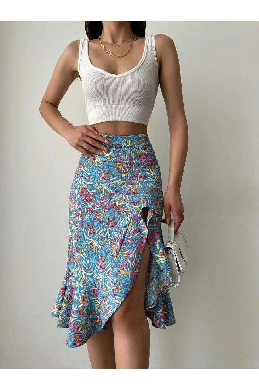 Floral Patterned Slit Cloth Midi Skirt silk skirt lustrous