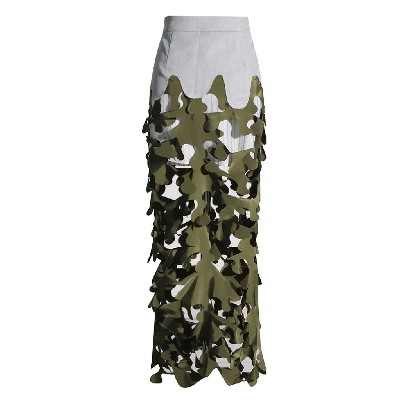 Edgy Contrast Patchwork Lacer Graphic Cut Out Zipper Up High Waist Maxi Skirt high waist skirt