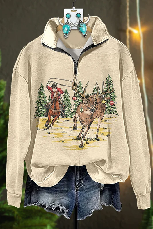 Western Cowboy Elk Zipper Sweatshirt Hoodie with Print Artistic Unique