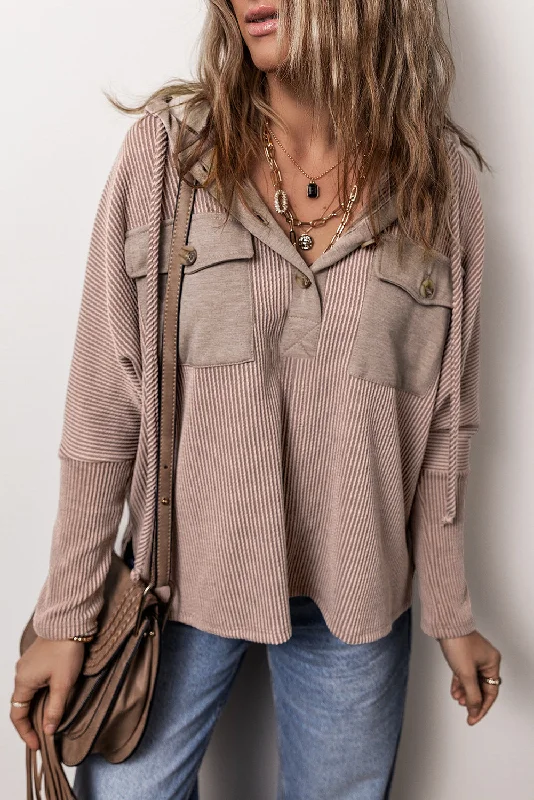 Thermal Button Hoodie - Taupe Hoodie with Frayed Bohemian Relaxed