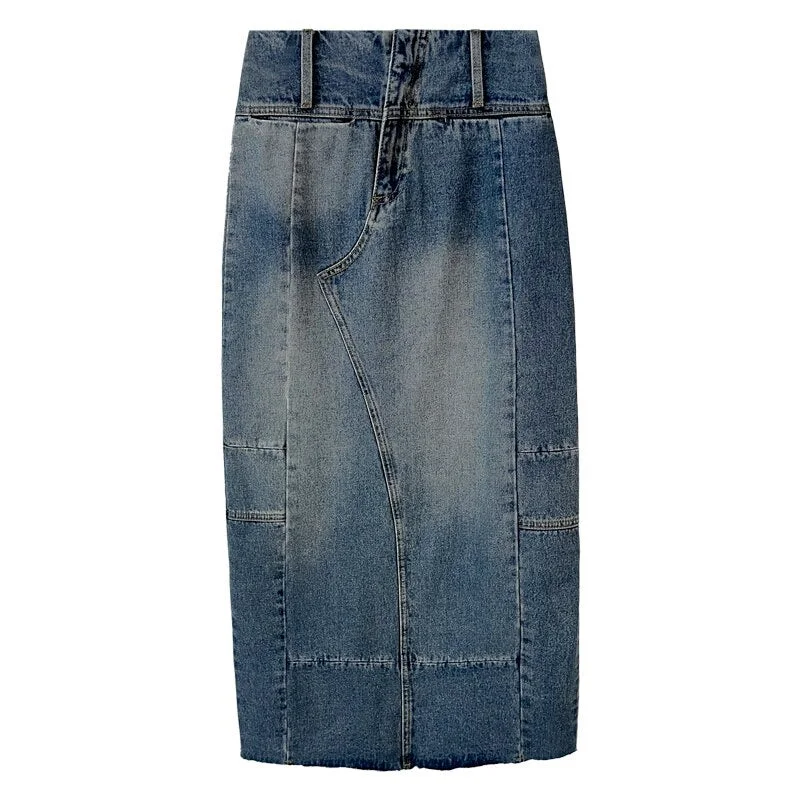 Vintage Blue Panel Zip Pocket Split Hem Denim Midi Skirt linen skirt relaxed