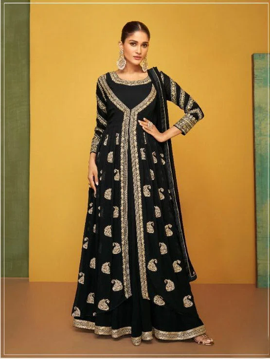 Elegant Black colored Anarkali with Jacket - Rent Wool Jacket Cashmere Jacket Tweed Jacket