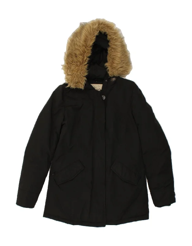 VINTAGE Womens Hooded Padded Jacket UK 10 Small Black Polyester Welt Pockets Slit Pockets Flap Pockets VINTAGE Womens Hooded Padded Jacket UK 10 Small Black Polyester Welt Pockets Slit Pockets Flap Pockets
