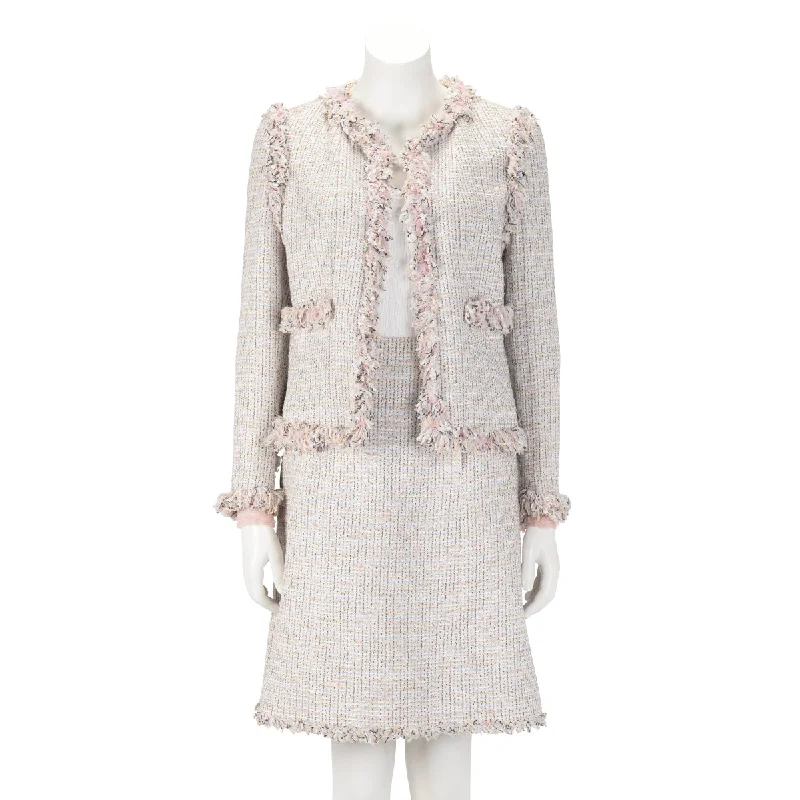 Chanel Pastel Fantasy Tweed Fringed Skirt Suit FR 42 linen skirt relaxed