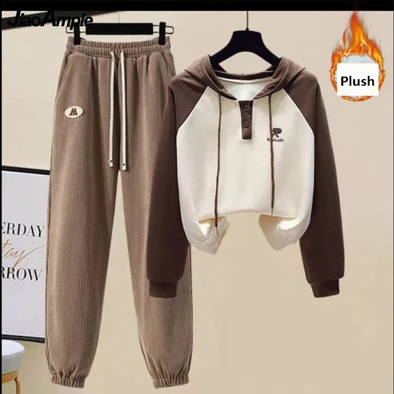 Branded Korean Loose Color Contrast Hooded Sweater Chenille Pants Set Thin Thick Dense