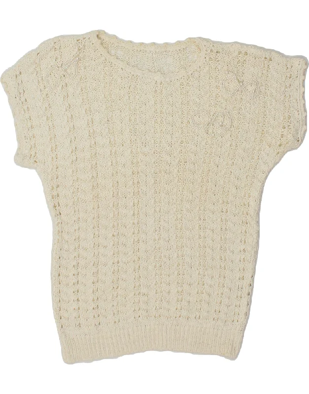 VINTAGE Womens Short Sleeve Boat Neck Jumper Sweater UK 12 Medium White Houndstooth Herringbone Solid VINTAGE Womens Short Sleeve Boat Neck Jumper Sweater UK 12 Medium White Houndstooth Herringbone Solid