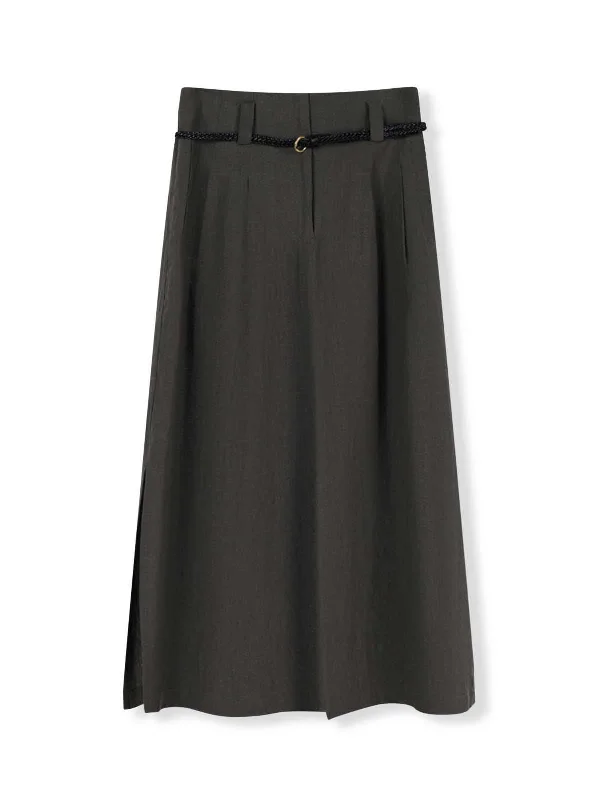 ASOBIO High-Waisted Linen A-Line Front-Slit Midi Skirt button skirt front