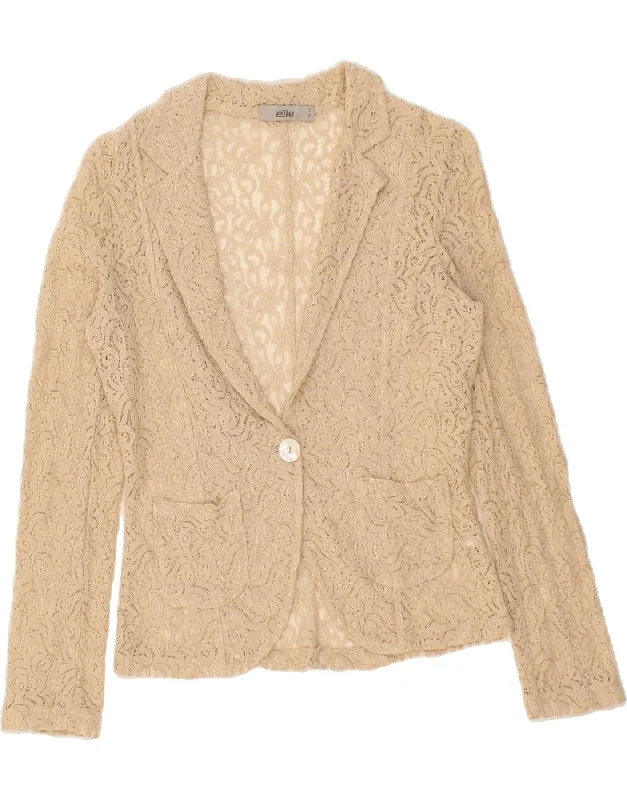 VINTAGE Womens 1 Button See Through Blazer Jacket UK 12 Medium Beige Cardigan Sweater Pullover