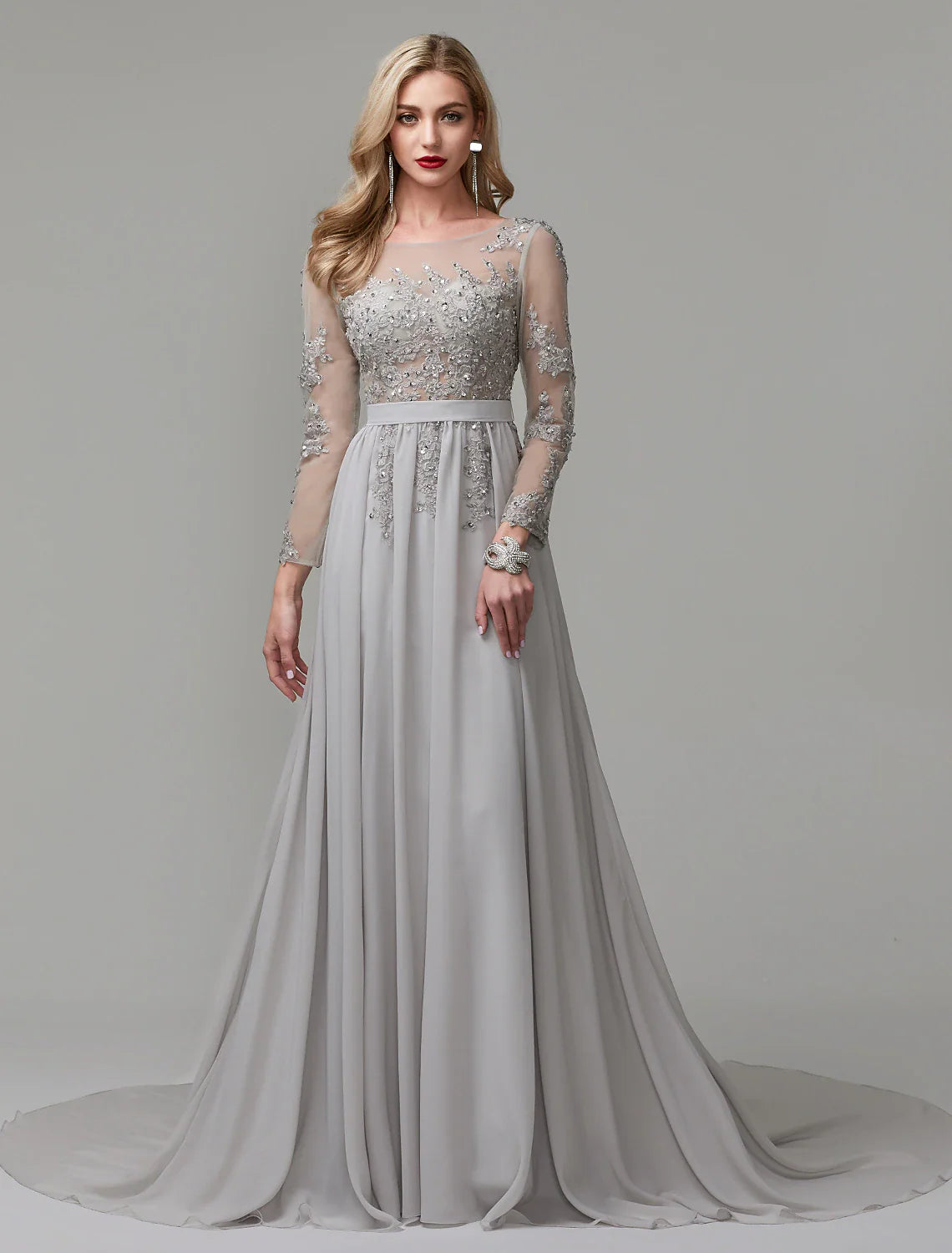 A-Line Luxurious Engagement Formal Evening Dress Illusion Neck V Back Low Back Long Sleeve Chapel Train Chiffon with Sequin Appliques 2024 / Illusion Sleeve Tunics Trousers formal