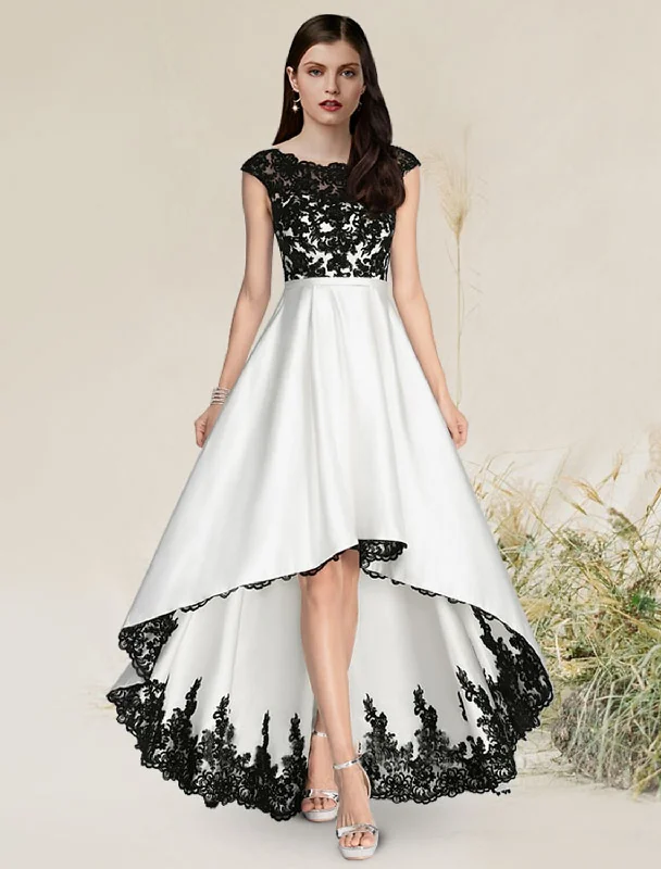 A-Line Elegant Engagement Formal Evening Dress Jewel Neck Sleeveless Asymmetrical Satin with Appliques Cowl Neckline Elegant