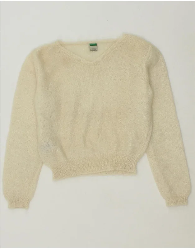 BENETTON Womens Crop V-Neck Jumper Sweater UK 16 Large Off White Mohair Hooded Sweater Collared Sweater Shawl Collar BENETTON Womens Crop V-Neck Jumper Sweater UK 16 Large Off White Mohair Hooded Sweater Collared Sweater Shawl Collar