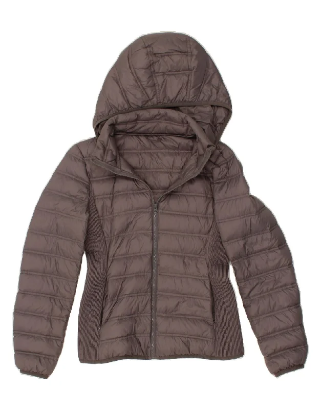 VINTAGE Womens Hooded Padded Jacket UK 12 Medium Grey Denim Fabric Leather Fabric Suede Fabric VINTAGE Womens Hooded Padded Jacket UK 12 Medium Grey Denim Fabric Leather Fabric Suede Fabric