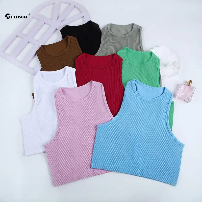 CHRLEISURE Crop Top Women Athletic Sports Tank Seamless Streetwear Elastic Rib-Knit Sleeveless Yoga Vest Tee Stretchy Gym Tight open back tank CHRLEISURE Crop Top Women Athletic Sports Tank Seamless Streetwear Elastic Rib-Knit Sleeveless Yoga Vest Tee Stretchy Gym Tight open back tank