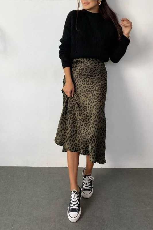 Summer Leopard Pattern Viscose Satin Midi Skirt - Khaki Green casual skirt length