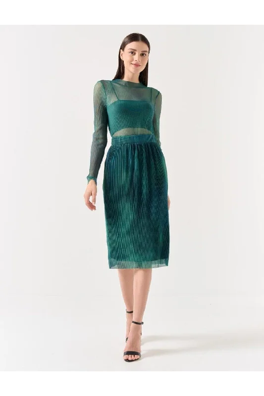 Dark Green Wide Cut Pattern High Waist Pleated Mesh Skirt high slit skirt