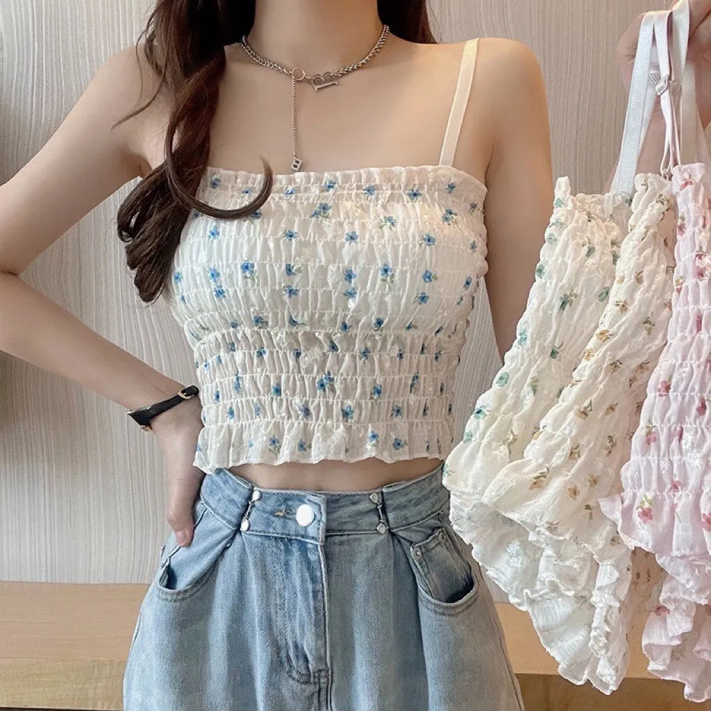 Floral Printed Camisole Woman Summer Sweet Spaghetti Strap Tank Top Female with Built In Bra Corset Women Vest with Padded cold shoulder tank Floral Printed Camisole Woman Summer Sweet Spaghetti Strap Tank Top Female with Built In Bra Corset Women Vest with Padded cold shoulder tank