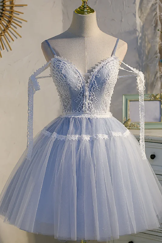 Light Blue Spaghetti Straps Lace Tulle Short Homecoming Dresses Tunics Party sparkling