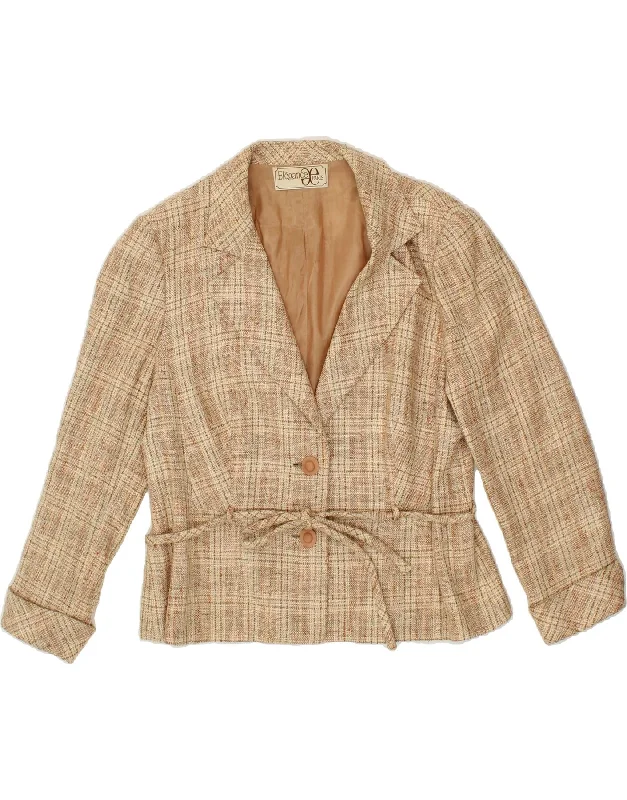 ELEGANCE PARIS Womens 2 Button Blazer Jacket UK 12 Medium Beige Check Cotton Jacket Linen Jacket Terry Jacket