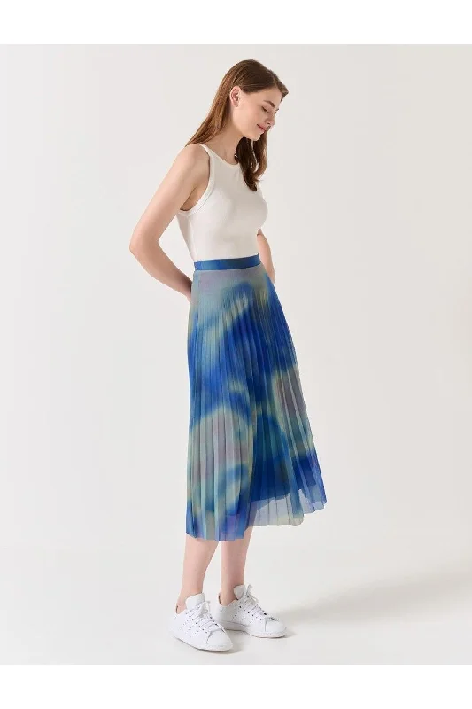 Blue Green High Waist Pleated Patterned Midi Skirt corduroy skirt cozy