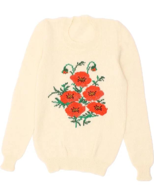VINTAGE Womens Crew Neck Jumper Sweater UK 8 Small Off White Floral Zippered Front Buttoned Front Snap Front VINTAGE Womens Crew Neck Jumper Sweater UK 8 Small Off White Floral Zippered Front Buttoned Front Snap Front