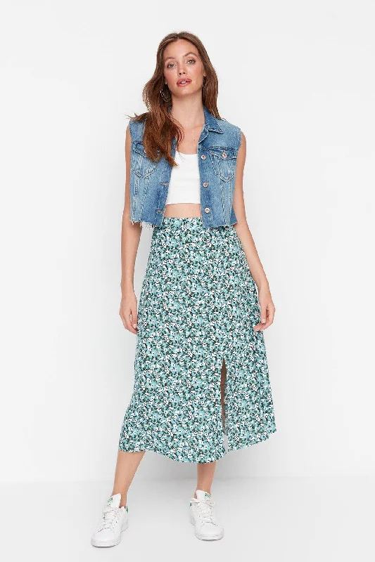 Green Midi Woven Slit Detailed Viscose Fabric Floral Patterned Skirt TWOSS20ET0230 leather skirt sleek