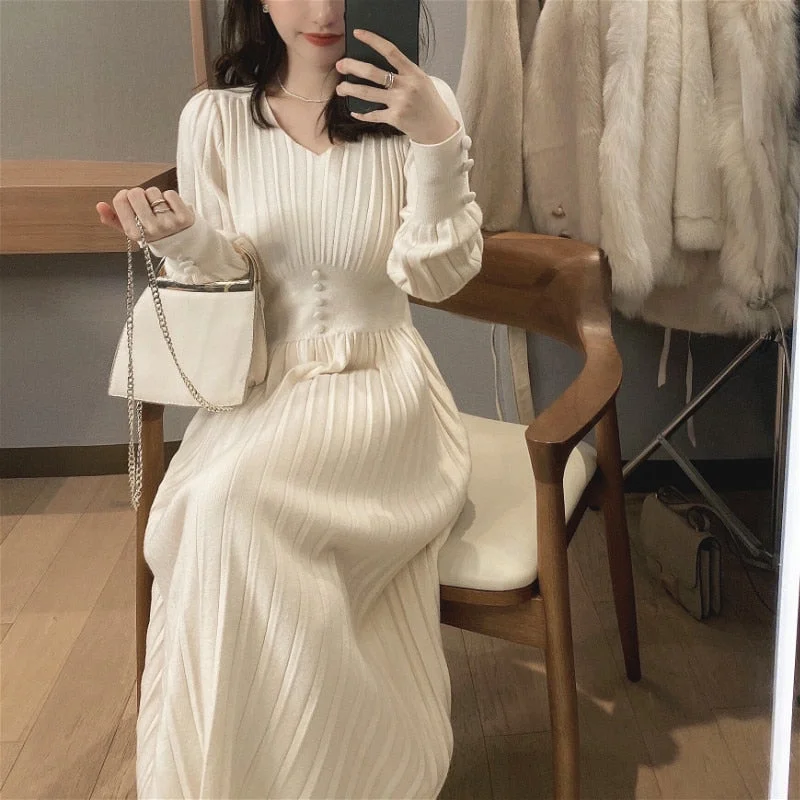 Knitted Dress Women Casual Long Sleeve Vintage Elegant Office Sweater Dress Female 2021 Autumn One Piece Dress Korean Outerwear Iron Safe Non-Iron Wrinkle Free Knitted Dress Women Casual Long Sleeve Vintage Elegant Office Sweater Dress Female 2021 Autumn One Piece Dress Korean Outerwear Iron Safe Non-Iron Wrinkle Free
