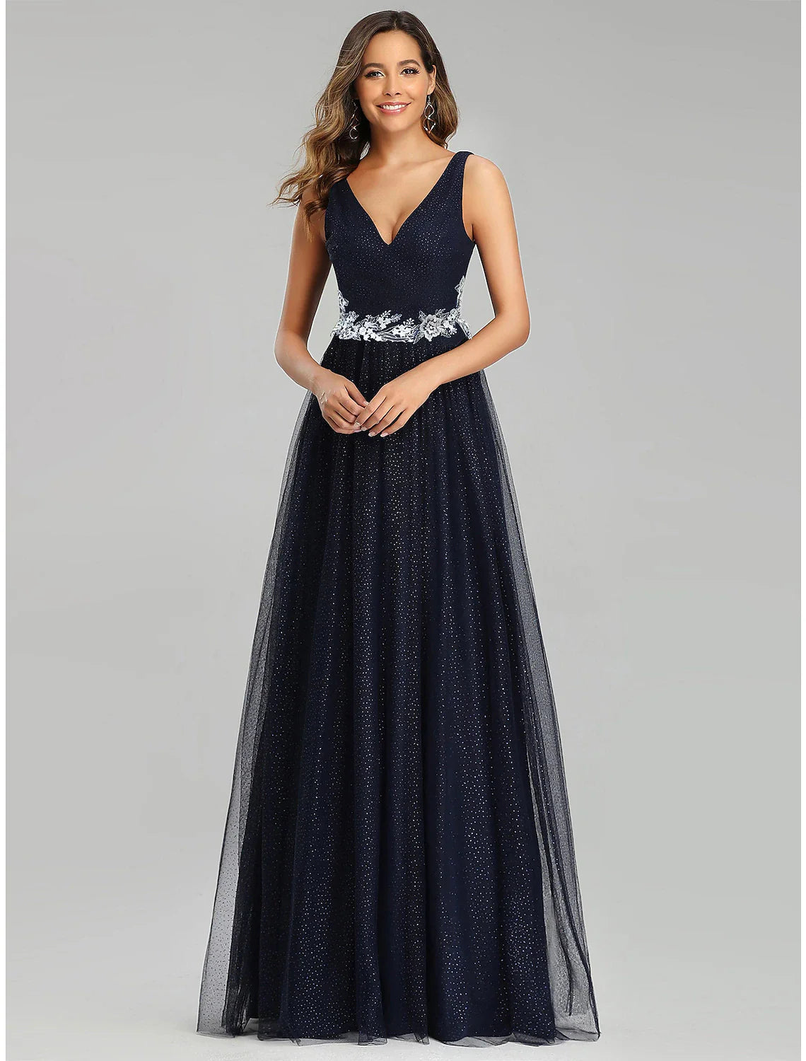 A-Line Prom Dresses Empire Dress Wedding Guest Prom Floor Length Sleeveless V Neck Tulle with Sequin Appliques Tunics Favorite customer