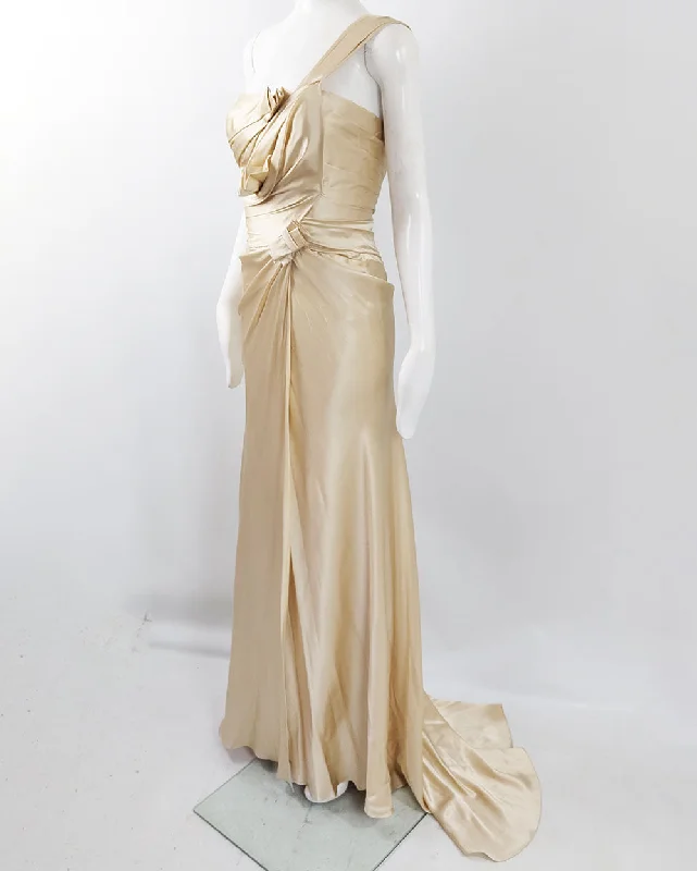 David Fielden Vintage Pure Silk Satin Gold Wedding Evening Dress Floral Print girly