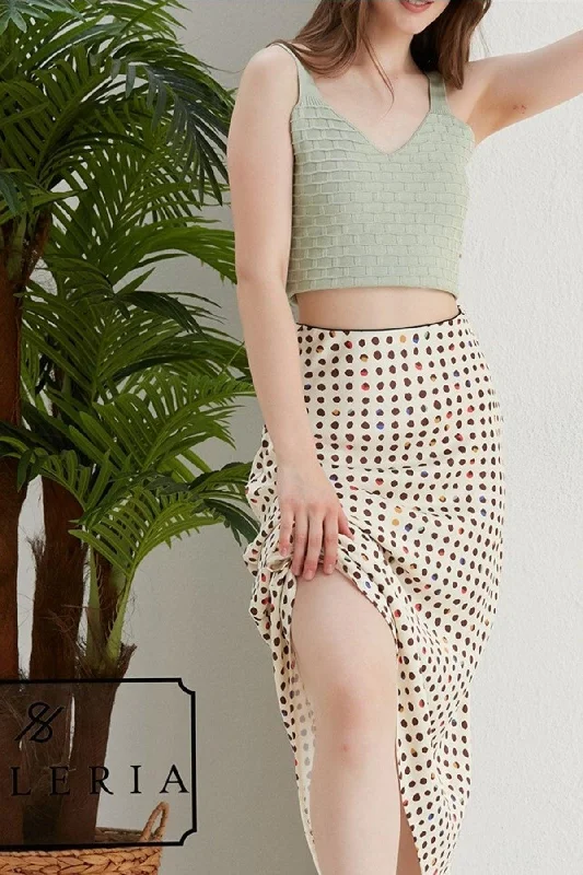 Colored Polka Dot Pattern Viscose Satin Midi Skirt - White Background velvet skirt rich Colored Polka Dot Pattern Viscose Satin Midi Skirt - White Background velvet skirt rich
