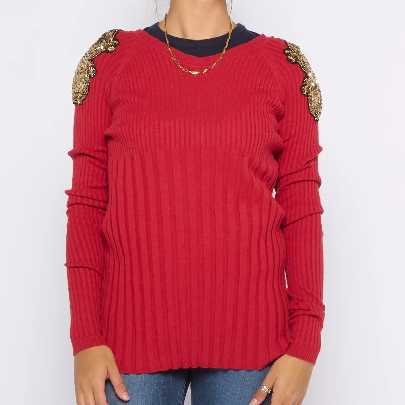 Appliqué Sequin Shoulders Rib Sweater - UK 10 Collared Crew Neck Turtle Neck