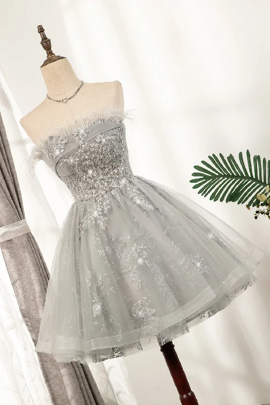 Shiny Silver Strapless Lace Up Tulle Short Homecoming Dresses Tunics Trendy modern