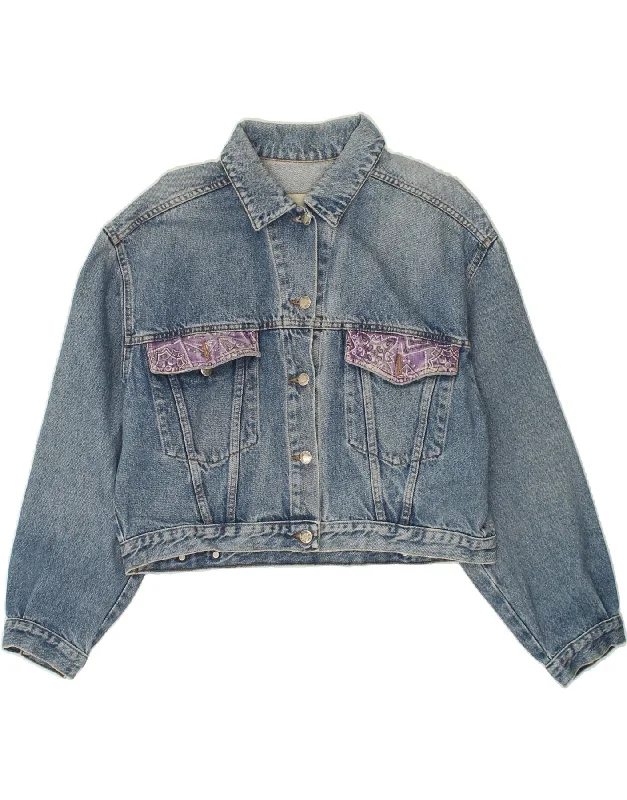 VINTAGE Womens Crop Denim Jacket UK 16 Large Blue Colourblock Cotton Fleece Jacket Down Jacket Feather Jacket