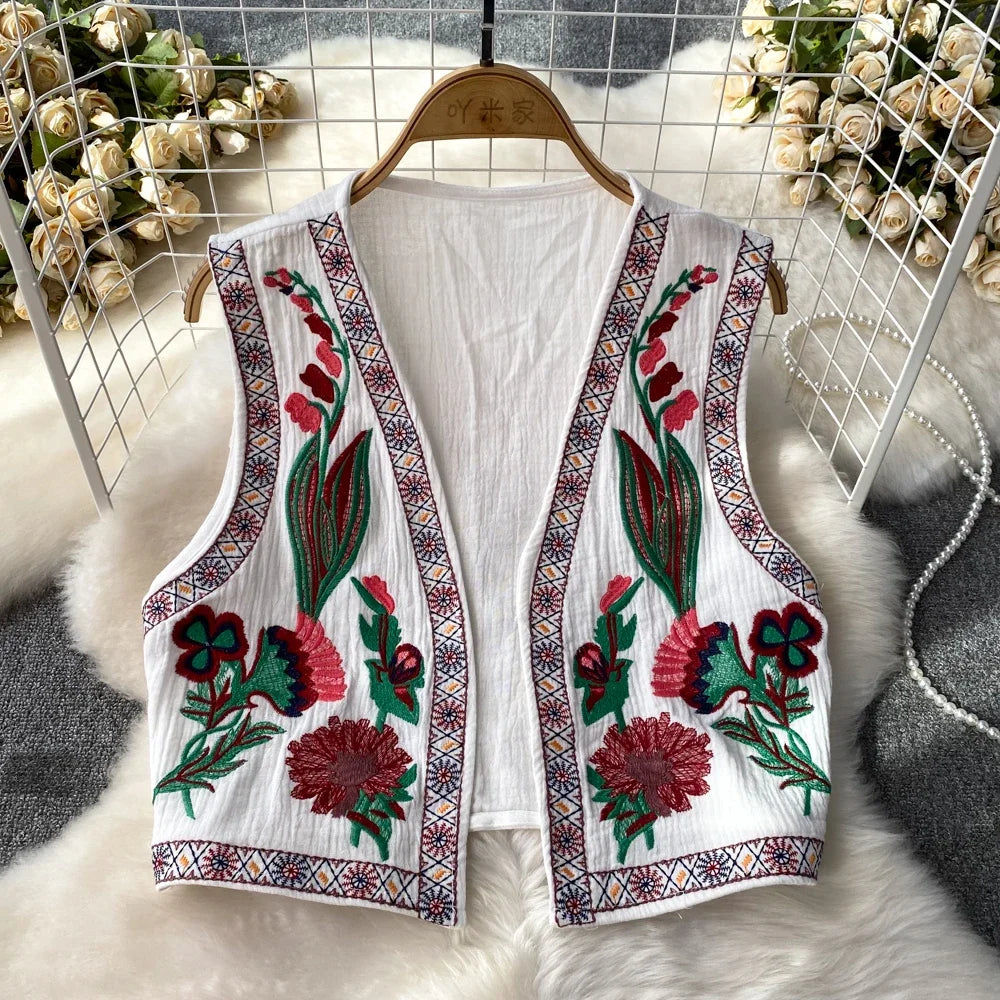 Crochet Top Embroidery Floral Tank Tops Knitted Women V-neck Folk Fashion Vest for Woman Vintage Spring Autumn Almighty Dropship v-neck tank top