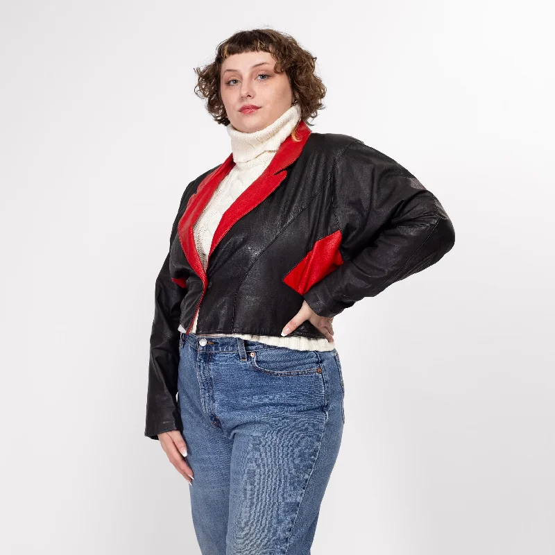 XL 80s Black & Red Leather Cropped Jacket Denim Jacket Leather Jacket Suede Jacket