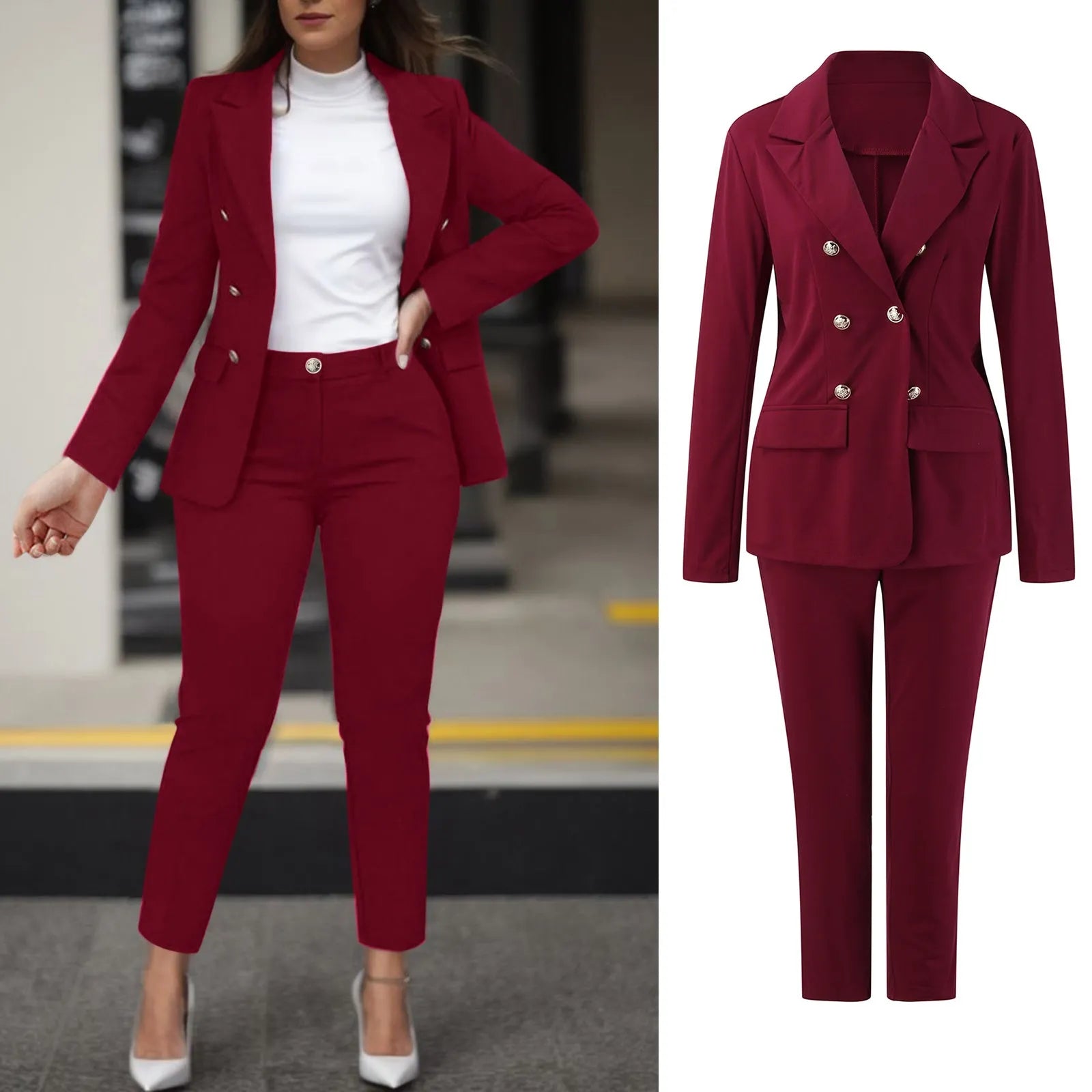 2023 Women's Two Pieces Pant Sets Formal Business Double Breasted Blazers Jacket And Pants 2 Piece Set Elegant Ladies Pant Suits Elasticated Jacket Padded Jacket Insulated Jacket 2023 Women's Two Pieces Pant Sets Formal Business Double Breasted Blazers Jacket And Pants 2 Piece Set Elegant Ladies Pant Suits Elasticated Jacket Padded Jacket Insulated Jacket