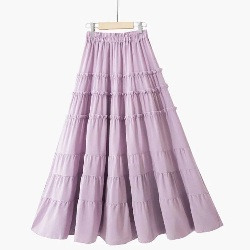 PEONFLY Beautiful Long Maxi Skirt Women Fashion 2020 Summer Korean A Line High Waist Tiered Chiffon Skirt Female Purple Yellow ribbed skirt waist PEONFLY Beautiful Long Maxi Skirt Women Fashion 2020 Summer Korean A Line High Waist Tiered Chiffon Skirt Female Purple Yellow ribbed skirt waist