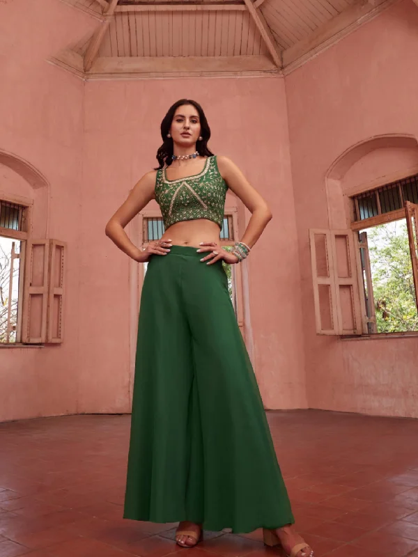 Green Embellished Crop Top And Sharara Set With Jacket- Rent Rayon Fabric Velvet Fabric Corduroy Fabric Green Embellished Crop Top And Sharara Set With Jacket- Rent Rayon Fabric Velvet Fabric Corduroy Fabric