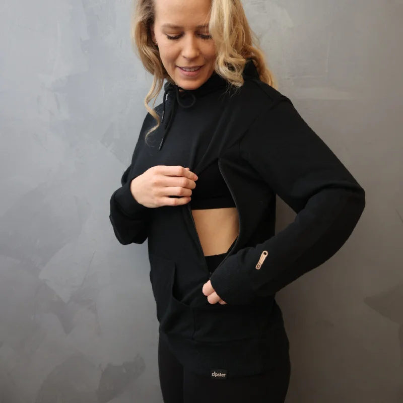 Bamboo Breastfeeding Hoodie - Black Hoodie with Contrast Stitching Detailed Premium