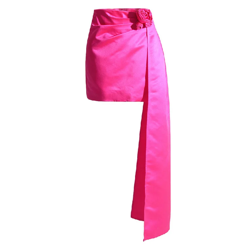 Lavish High Waisted Pleated Rosette Applique Draped Satin Bodycon Mini Skirt cashmere skirt soft