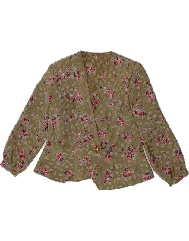 VINTAGE Womens 1 Button 3/4 Sleeve Blazer Jacket UK 14 Medium Green Floral Satin Fabric Silk Fabric Chiffon Fabric