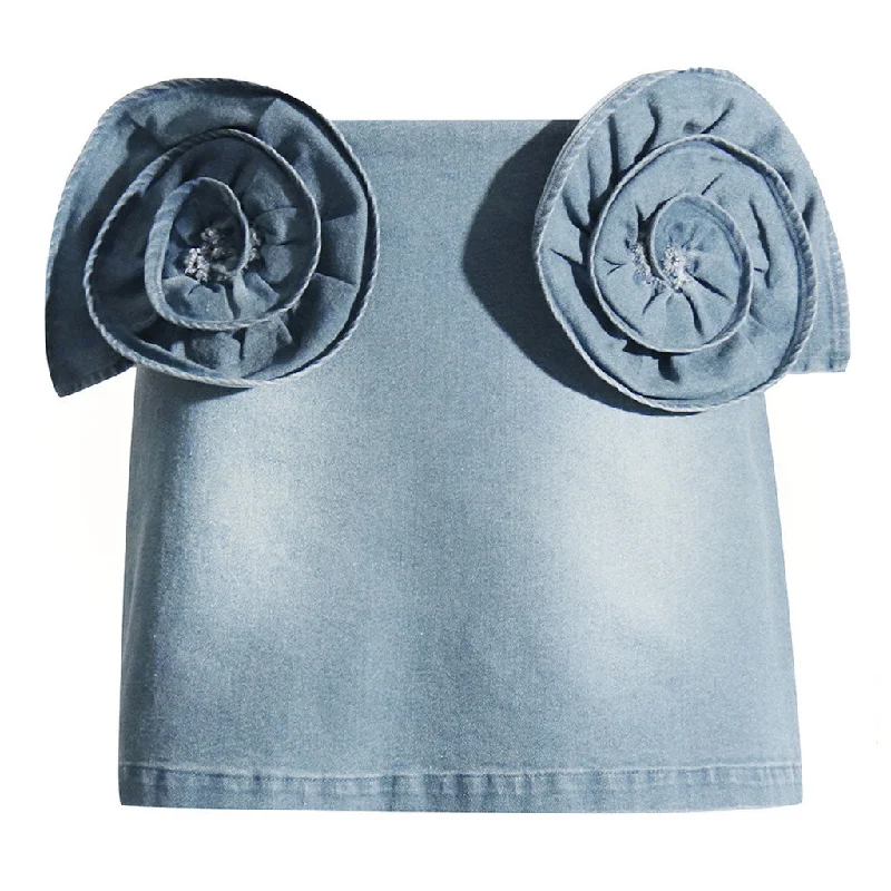 Swirling Rosette Applique Bodycon High Waist Faded Denim Mini Skirt leather skirt modern