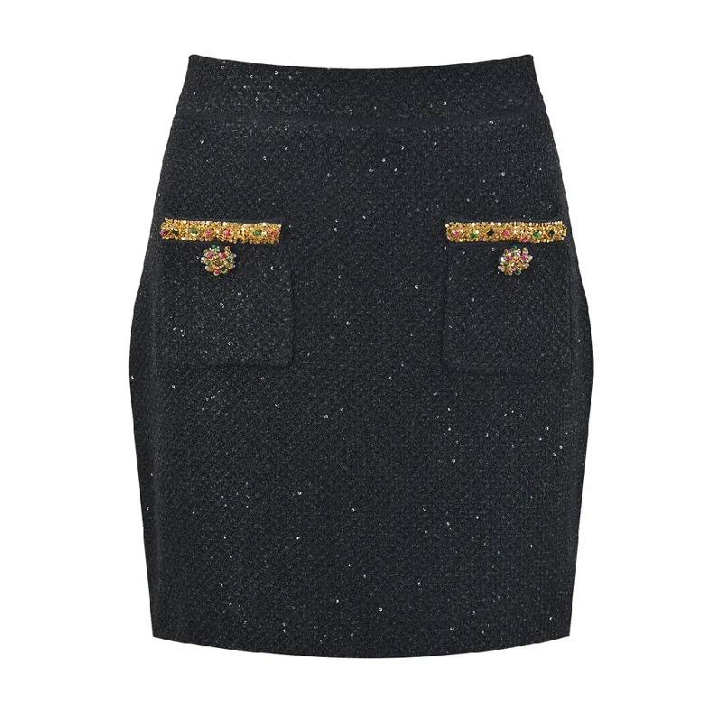 Opulent Crystal Trim High Waist Patch Pocket Bodycon Wool Knit Sequin Mini Skirt lace skirt romantic