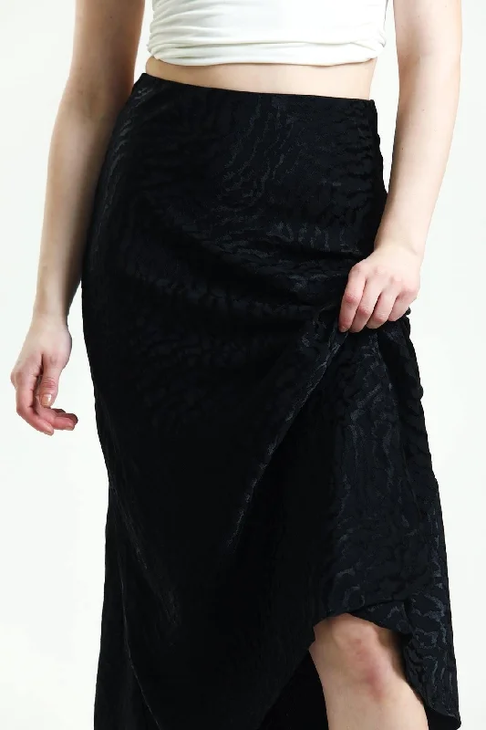Black Ground Zebra Pattern Viscose Satin Midi Length Skirt silk skirt smooth