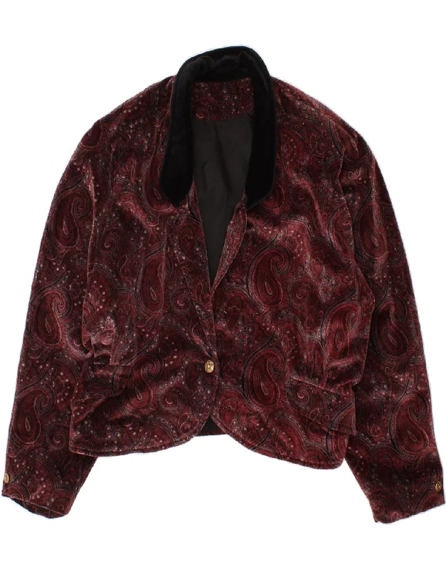 VINTAGE Womens Crop 1 Button Blazer Jacket UK 14 Large Burgundy Paisley Faux Fur Jacket Real Fur Jacket Shearling Jacket