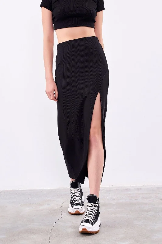 Women's Black Color Camisole Fabric Side Deep Slit Skirt denim skirt durable