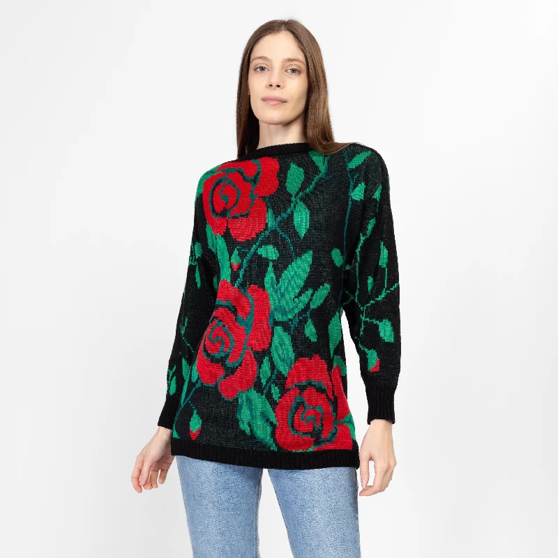 Small 80s Rose Floral Sweater Boxy Sweater Fitted Sweater A-Line