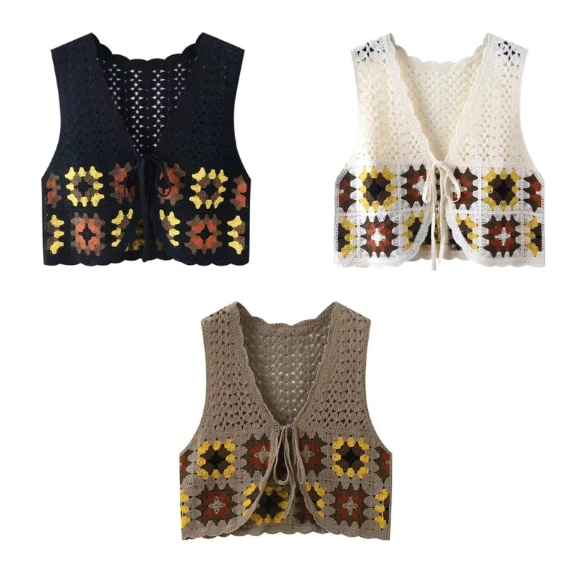 Hollow Knit for Tank Top Vest Waistcoat Women Autumn Crochet Colorful Floral Lace-Up Bandage Sleeveless Cropped Dropship soft tank top