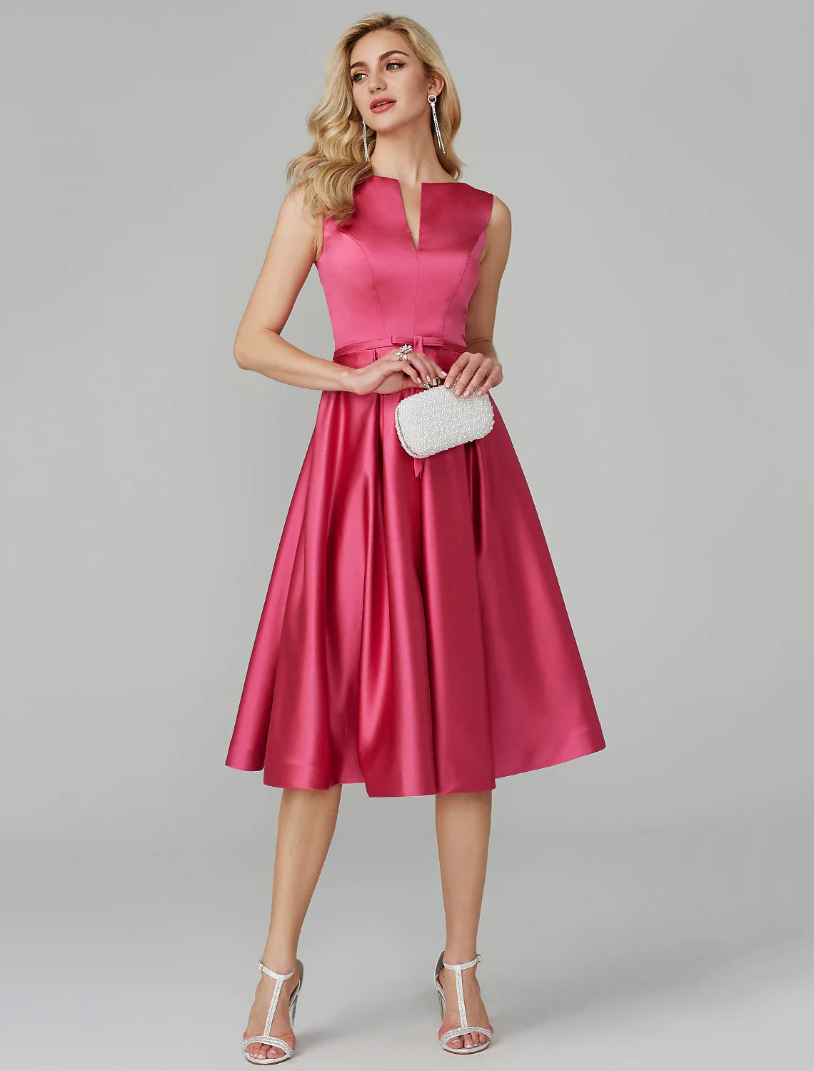 A-Line Elegant Dress Wedding Guest Cocktail Party Knee Length Sleeveless V Wire Pink Dress Satin with Sash / Ribbon Tunics Versatile stylish